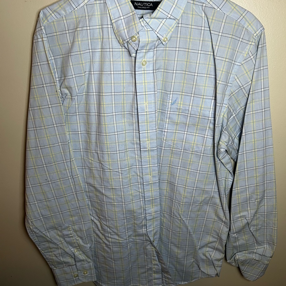Nautica Men's Light Blue and Yellow Plaid Shirt